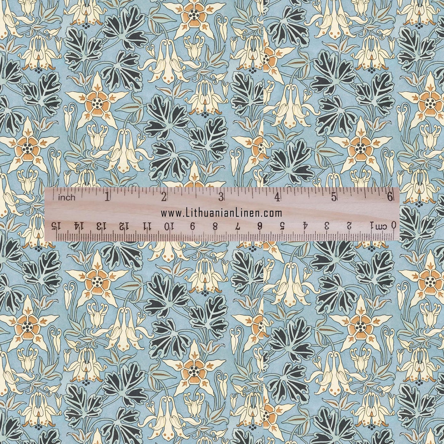 100% linen Columbine prints fabric for Curtain Upholstery Cushion - Art deco blue flower print fabric for dress making sewing