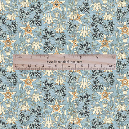 100% linen Columbine prints fabric for Curtain Upholstery Cushion - Art deco blue flower print fabric for dress making sewing