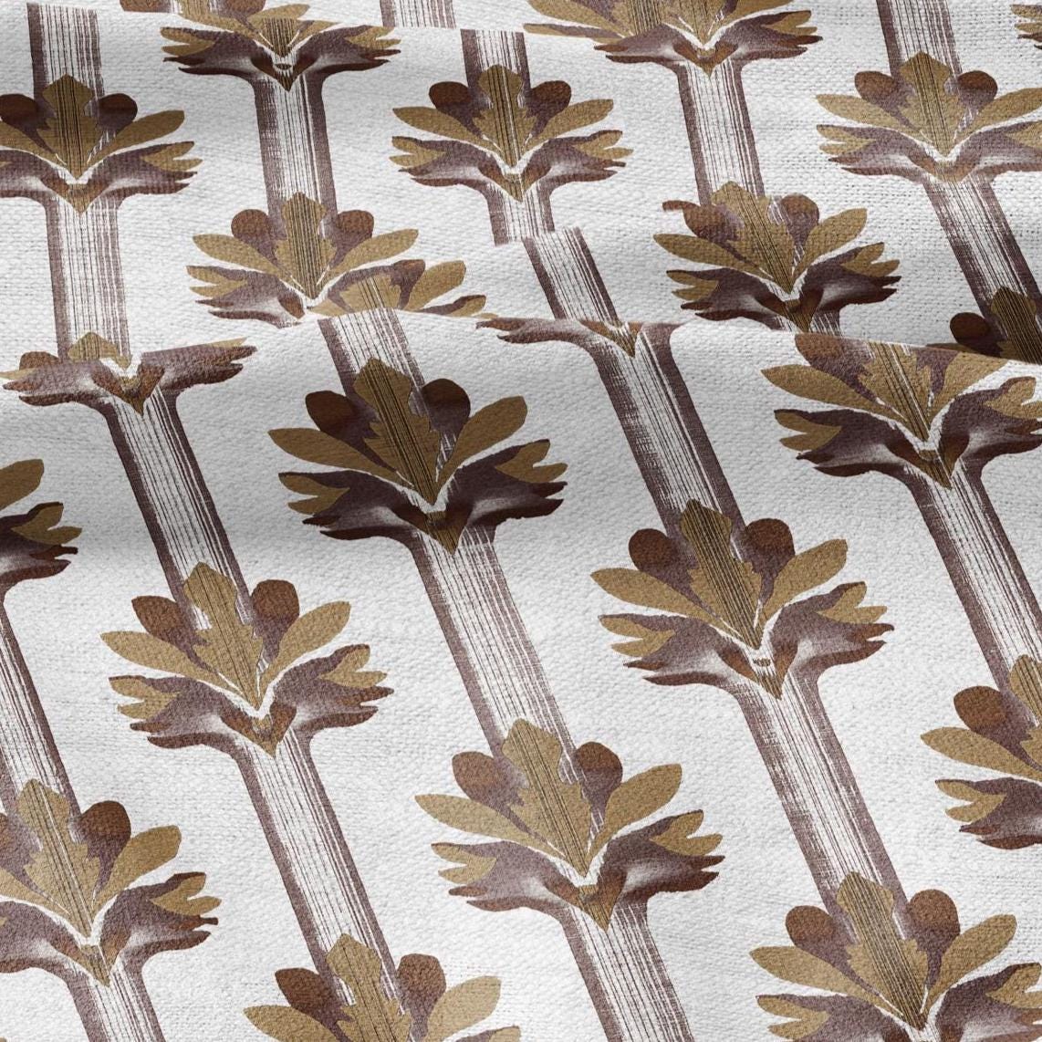 100% LINEN Fabric Stripe floral brown print  - floral upholstery home textile artisan fabric brown white 3136