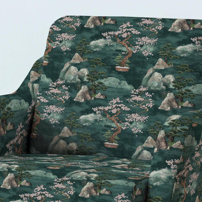 100% LINEN Fabric UPHOLSTERY 12oz - Zen garden green pink print on linen 2091 - Japanese oriental scenery
