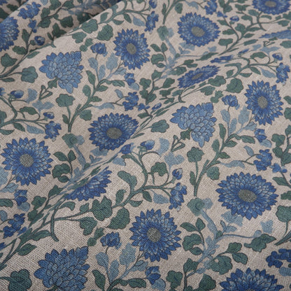 100% LINEN Fabric Mughal floral blue block print on oatmeal natur linen - linen floral upholstery dress making sewing curtains