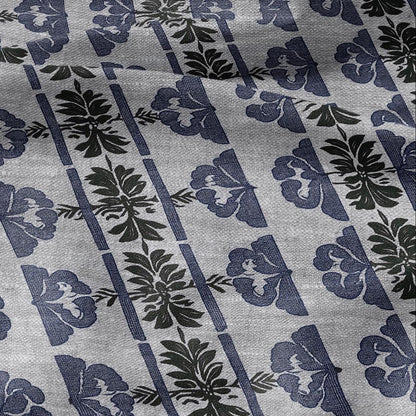 100% LINEN Fabric hand block print floral stripe - oatmeal linen fabric with blue green print - fabric for home decor upholstery