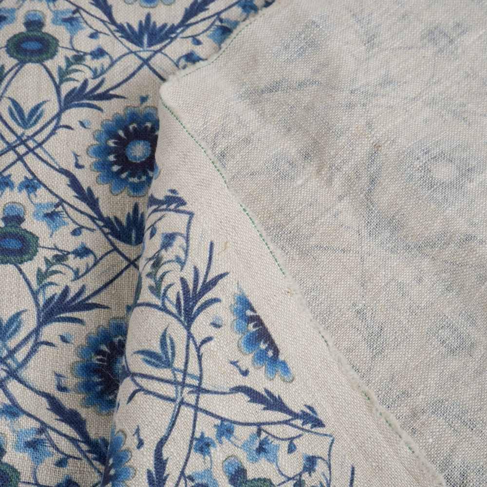 100% LINEN Fabric block print - linen with blue floral print on oatmeal - heavy linen fabric for light upholstery home decor sewing 2324