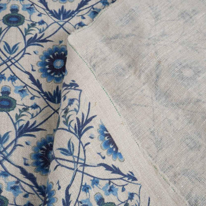 100% LINEN Fabric block print - linen with blue floral print on oatmeal - heavy linen fabric for light upholstery home decor sewing 2324