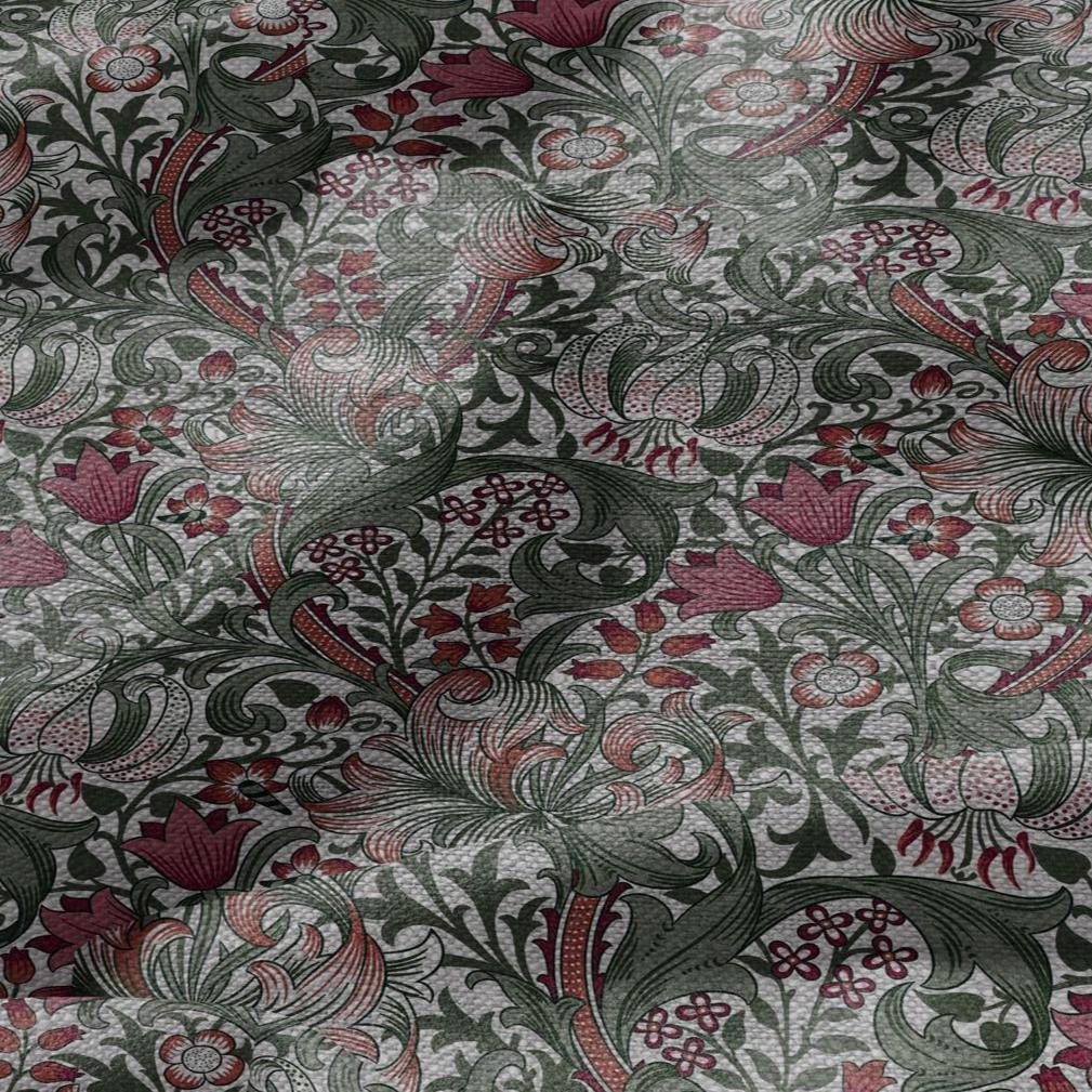100% LINEN Fabric William Morris Golden Lily - oatmeal linen fabric with botanical print - Victorian Art Craft Historical green red 3230