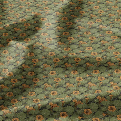100% linen Nasturtium prints fabric for Curtain Upholstery Cushion - Art deco orange flower print fabric for dress making sewing