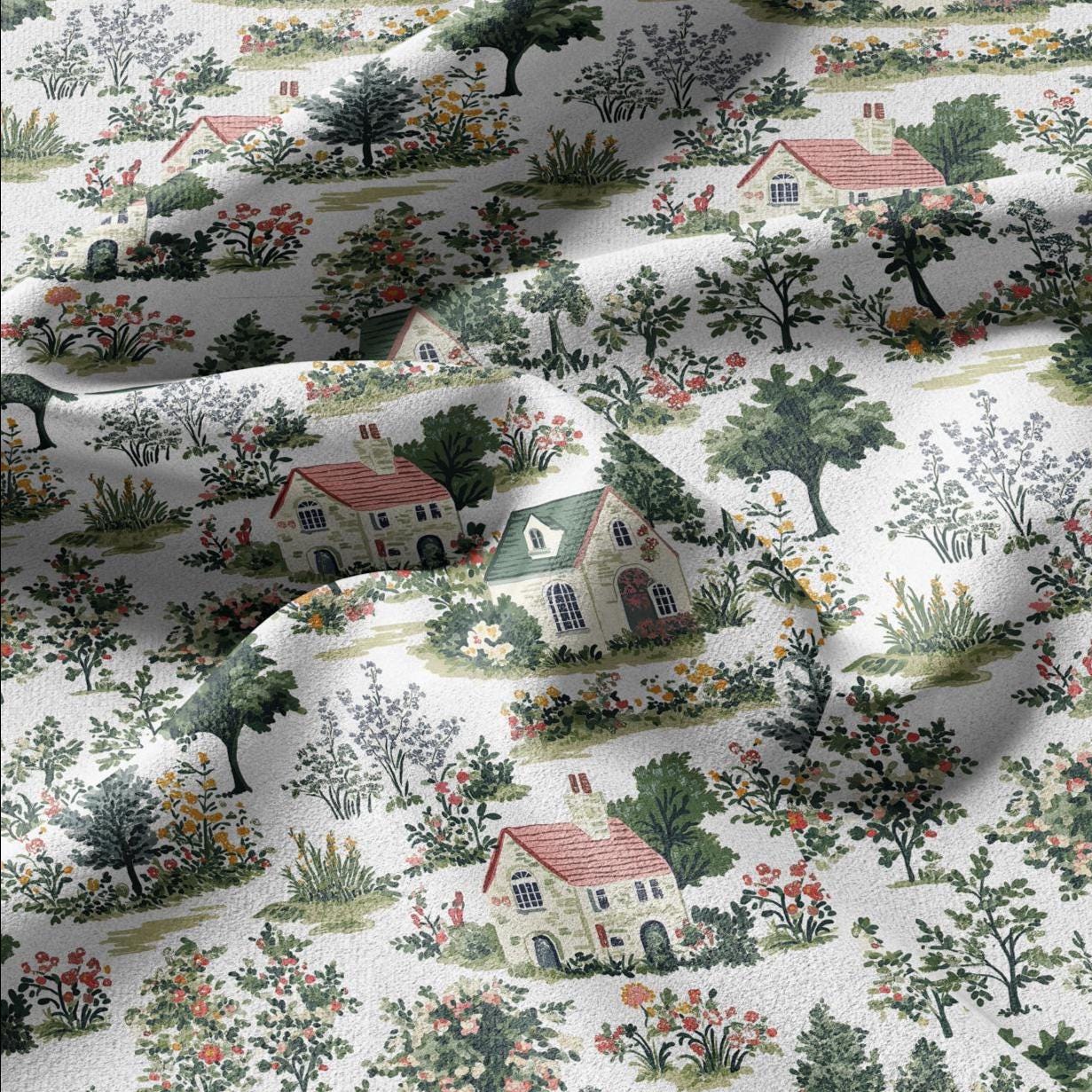 100% LINEN Fabric Houses print linen - VIllage print fabric for upholstery home decor dress making 2369