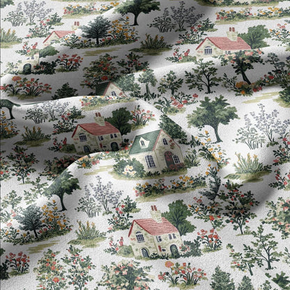 100% LINEN Fabric Houses print linen - VIllage print fabric for upholstery home decor dress making 2369