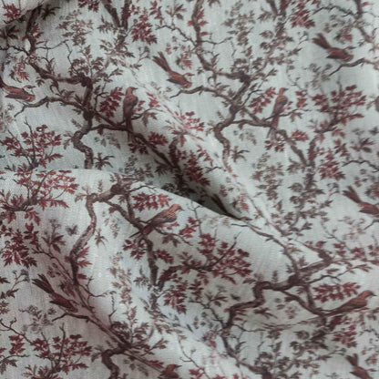 100% LINEN Fabric Toile de Jouy brown, oatmeal natur linen fabric with brown print, French linen fabric upholstery trees branches with birds