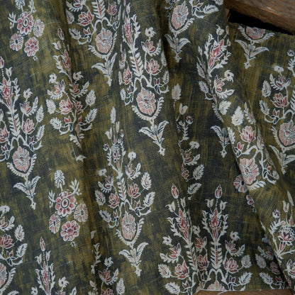 100% LINEN Fabric block print indian khaki green 3659 -  oatmeal linen fabric with green floral print decor