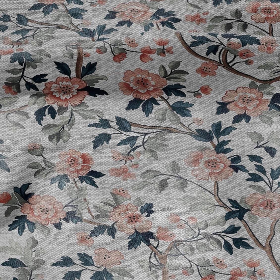 100% LINEN Fabric print Pink flower blossom print - oatmeal linen fabric floral botanical - heavy for home decor clothing 2750