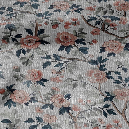 100% LINEN Fabric print Pink flower blossom print - oatmeal linen fabric floral botanical - heavy for home decor clothing 2750