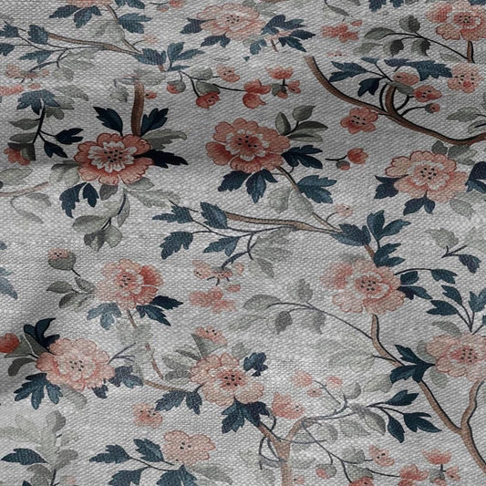 100% LINEN Fabric print Pink flower blossom print - oatmeal linen fabric floral botanical - heavy for home decor clothing 2750