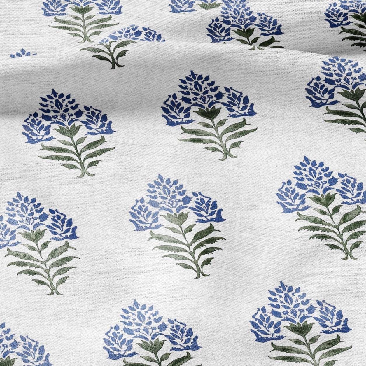 100% LINEN Fabric Block print Parijat flower - botanical upholstery home textile artisan fabrics blue green white 2755