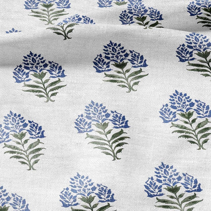 100% LINEN Fabric Block print Parijat flower - botanical upholstery home textile artisan fabrics blue green white 2755