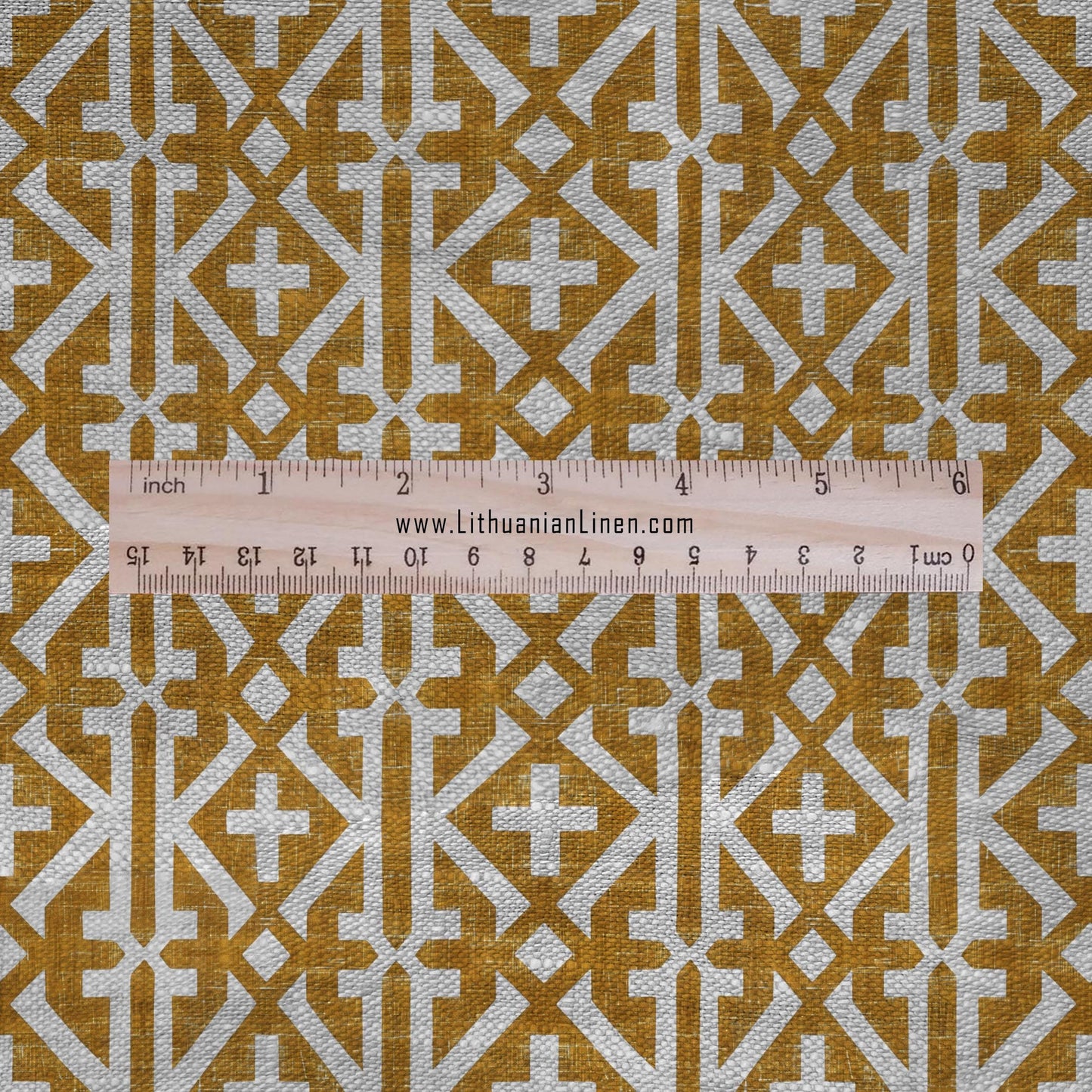 100% LINEN Fabric Geometric mustard yellow print - mid-century modern print on oatmeal linen for upholstery curtains dress making 2677