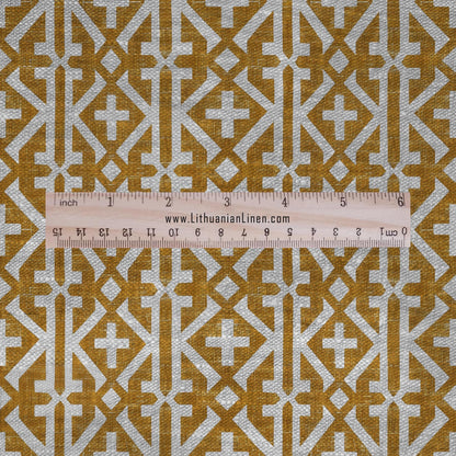 100% LINEN Fabric Geometric mustard yellow print - mid-century modern print on oatmeal linen for upholstery curtains dress making 2677