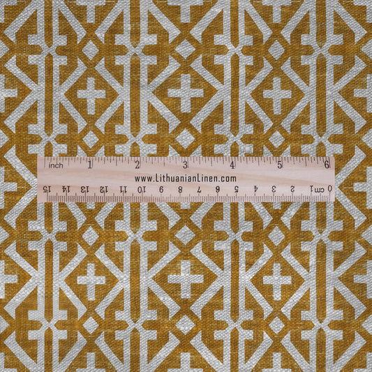 100% LINEN Fabric Geometric mustard yellow print - mid-century modern print on oatmeal linen for upholstery curtains dress making 2677
