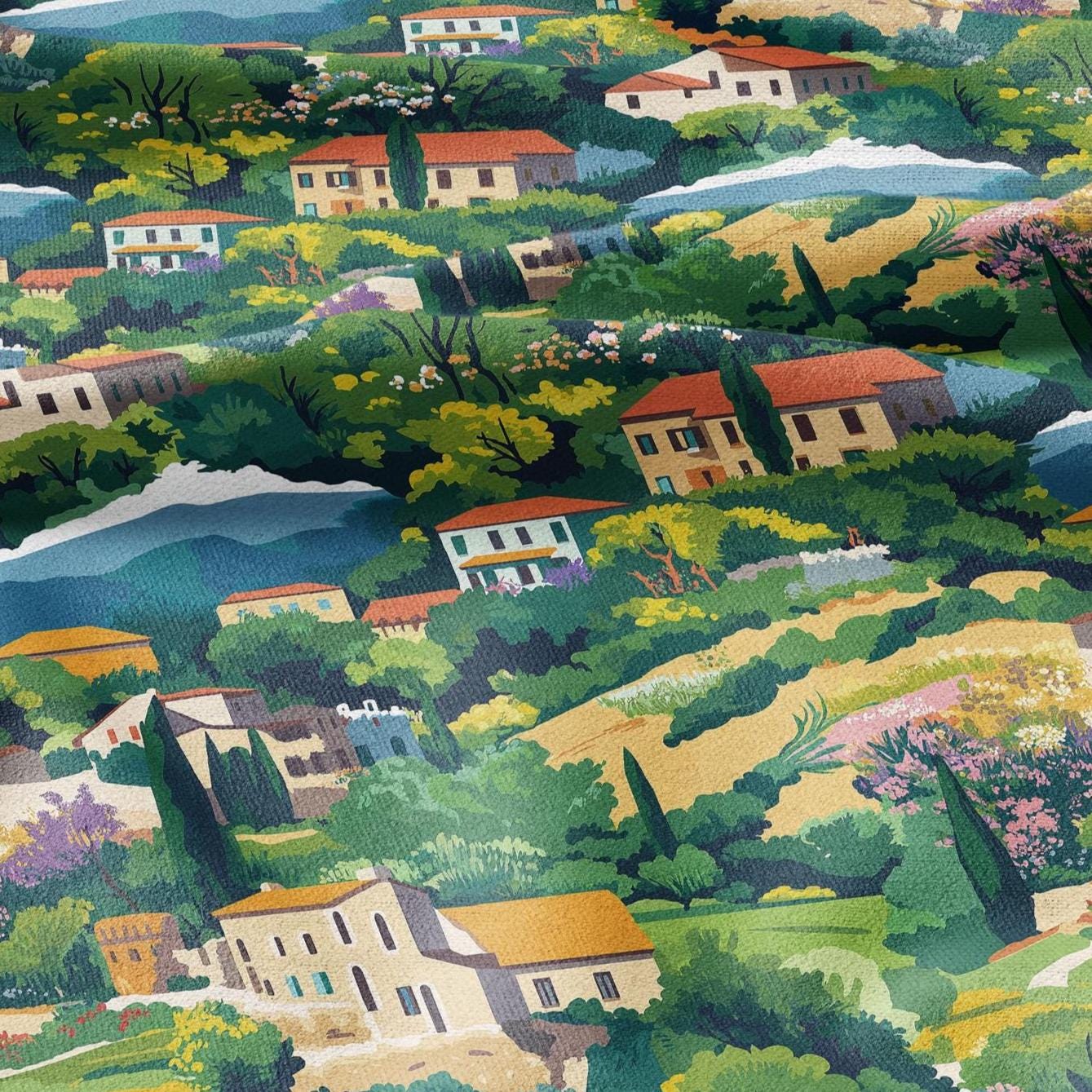 100% LINEN Fabric Catalonia Landscape - town city scenery print - heavy linen fabric for upholstery home decor 2920