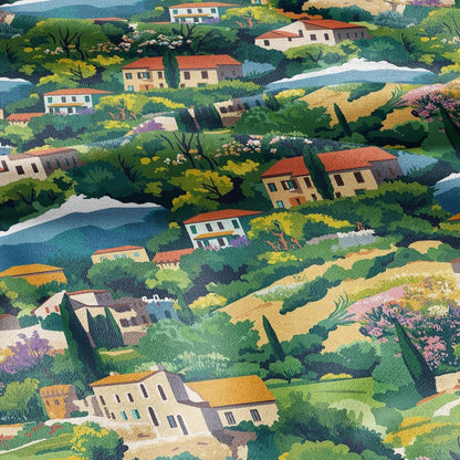 100% LINEN Fabric Catalonia Landscape - town city scenery print - heavy linen fabric for upholstery home decor 2920