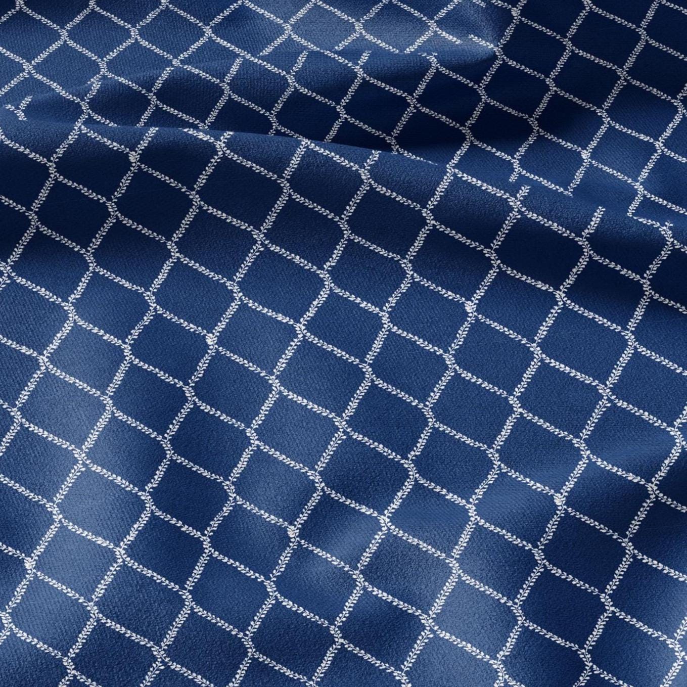 100% LINEN Fabric Herritage trellis print - Grandmillennial Modern vintage blue - upholstery curtains dress making 2951