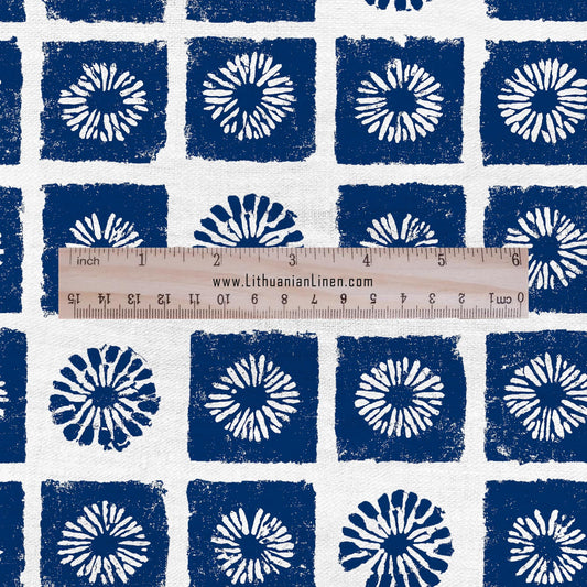 100% LINEN Fabric indigo blue floral block print - modern vintage floral linen fabric for upholstery or home decor 2801