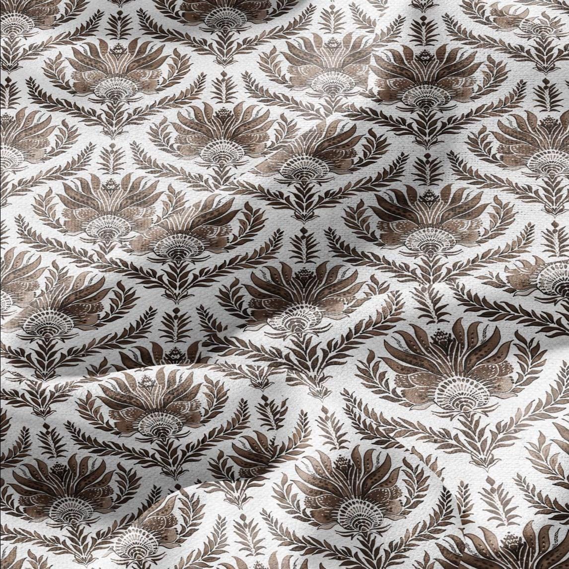 100% LINEN Fabric French block print sepia print - Walnut leaves botanical stripe upholstery home textile artisan brown white 3256