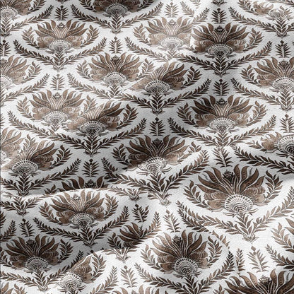 100% LINEN Fabric French block print sepia print - Walnut leaves botanical stripe upholstery home textile artisan brown white 3256