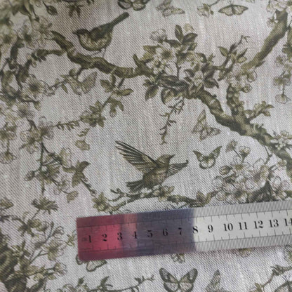100% LINEN Fabric Toile de Jouy green, oatmeal natur linen fabric with green print, French linen fabric upholstery trees branches with birds