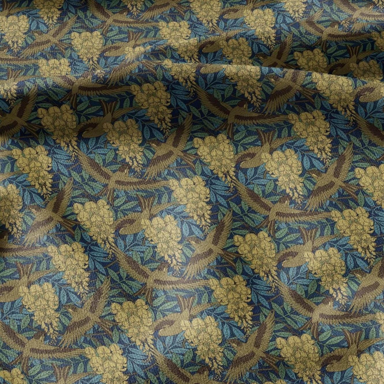 100% LINEN Fabric Dandelion flower print - Art Nouveau  Sparrows green yellow - heavy home decor light upholstery - medium dress sewing 2463