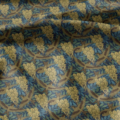 100% LINEN Fabric Dandelion flower print - Art Nouveau  Sparrows green yellow - heavy home decor light upholstery - medium dress sewing 2463