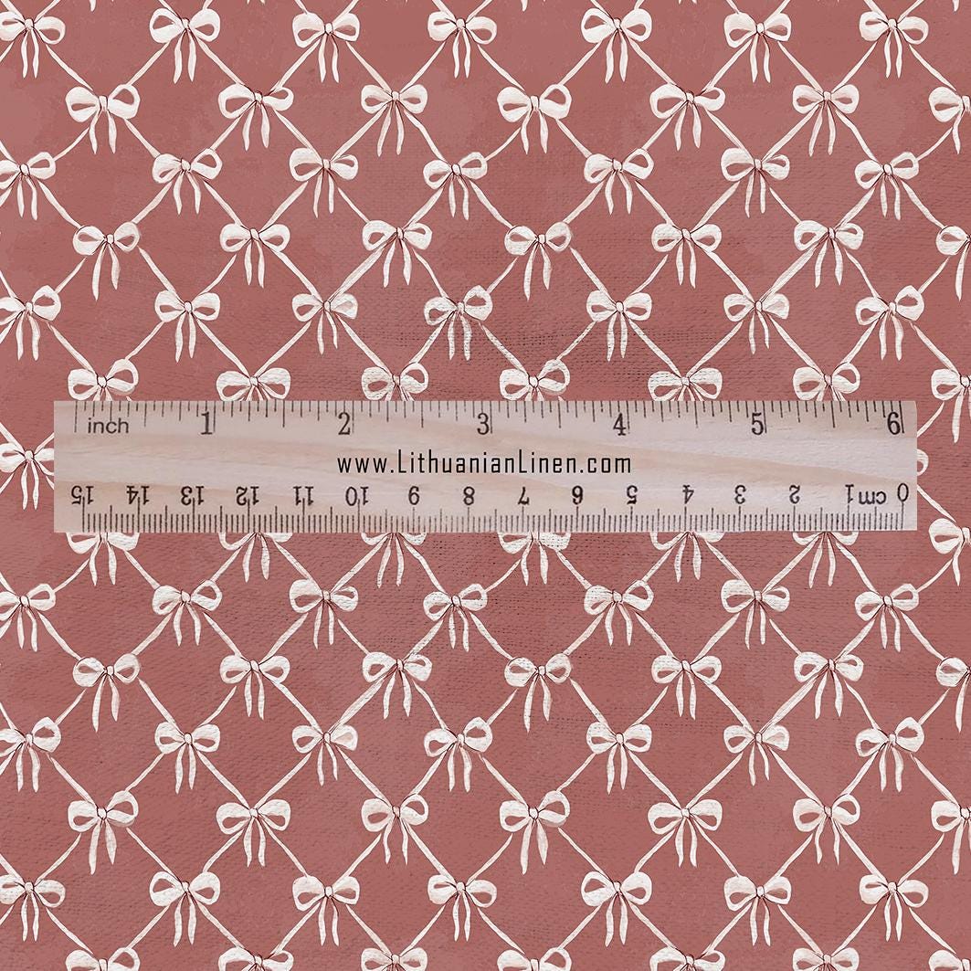 100% LINEN Fabric Ribbon bow trellis linen -pink white fabric for upholstery home decor dress making 3009