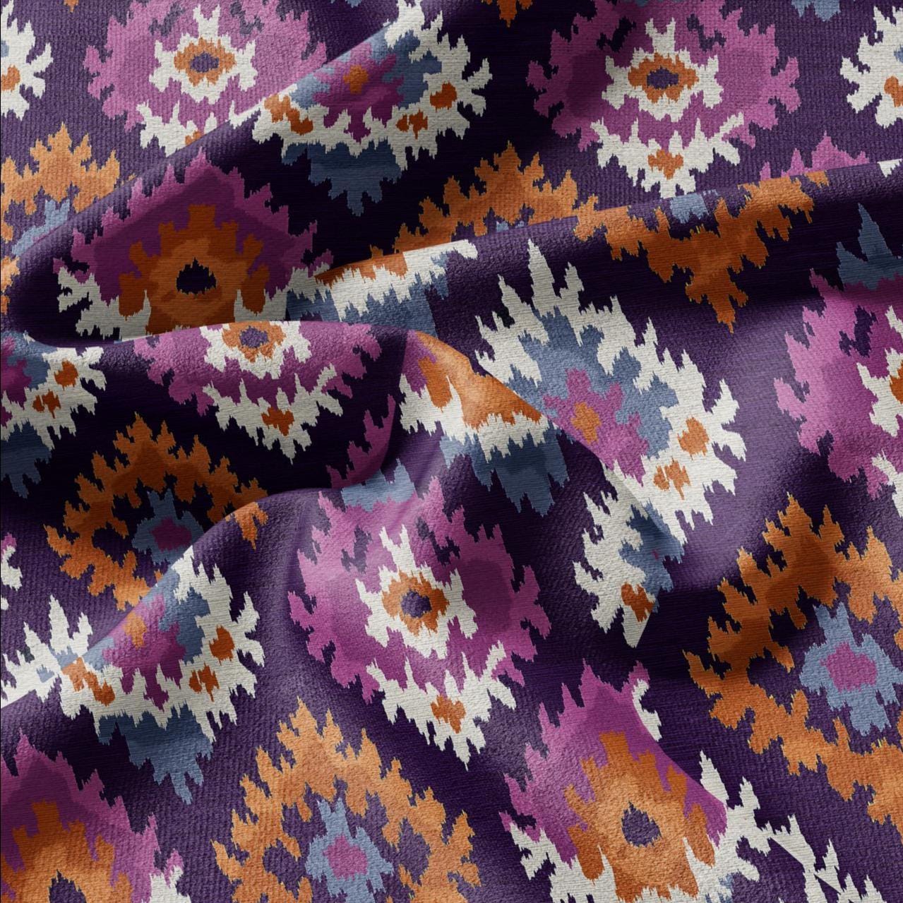 100% LINEN Fabric Abstract Ikat ethno print - Modern Purple beige - for upholstery home decor curtains pillows sewing dress 2987