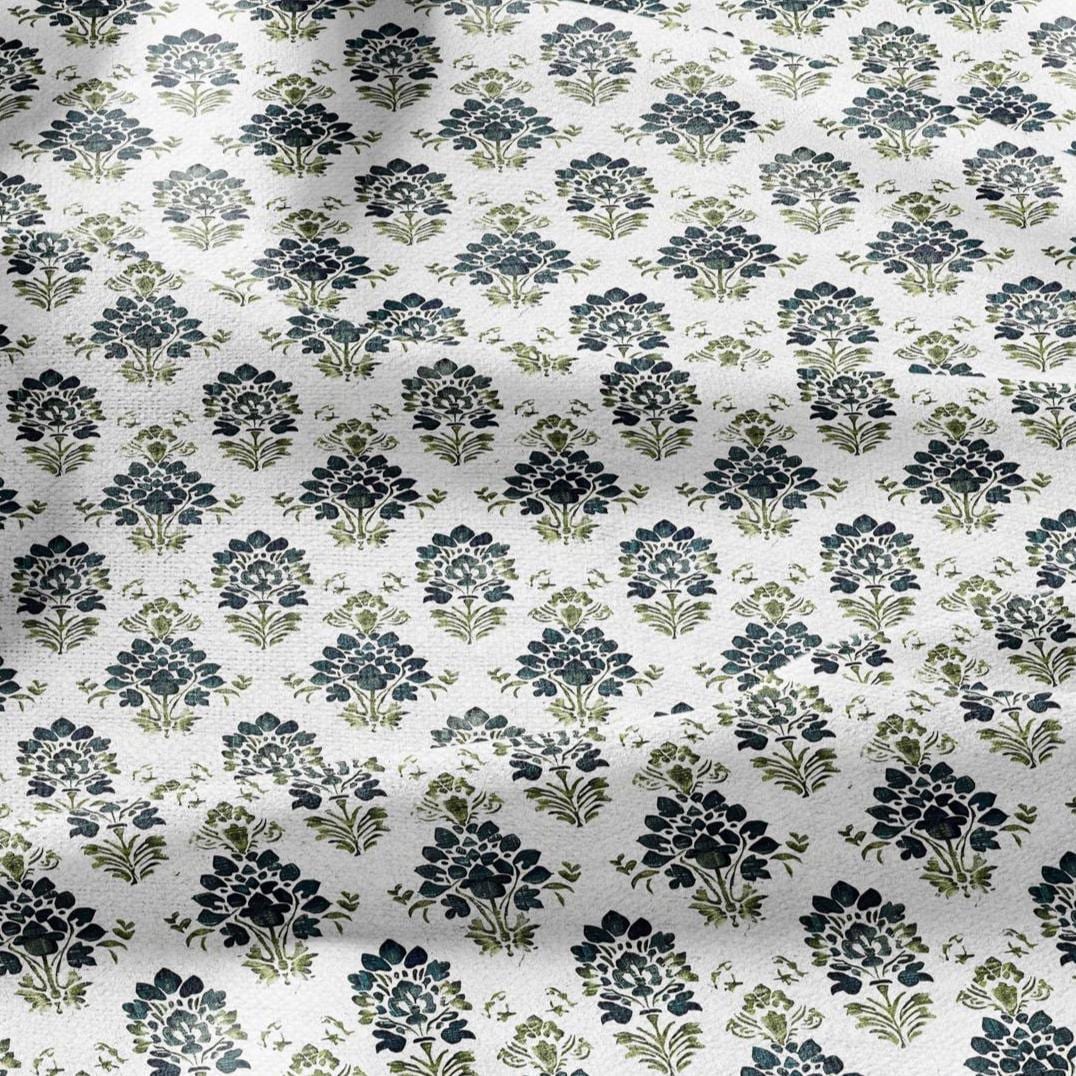 100% LINEN Fabric block print green petrol on white - floral print heavy linen fabric for upholstery home decor 2010