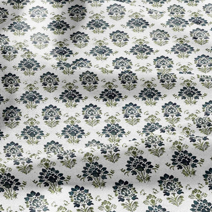 100% LINEN Fabric block print green petrol on white - floral print heavy linen fabric for upholstery home decor 2010