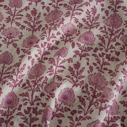100% LINEN Fabric red Floral Block Print - Drapery Interior French Patterned Fabric for Curtain Pillow Accent Home Decor Living Room Bedroom