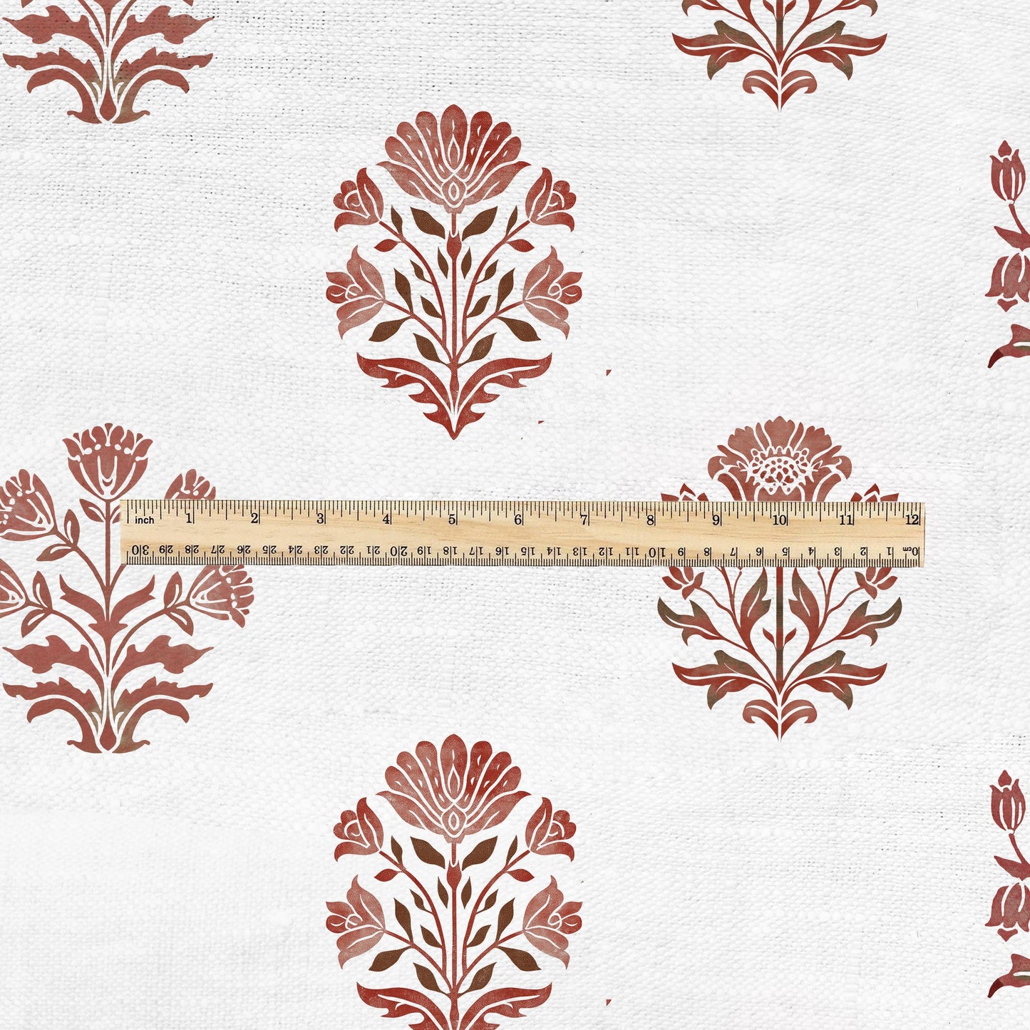 100% LINEN Fabric Block print Genda flower red - floral upholstery home textile artisan fabrics green white 2945