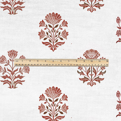 100% LINEN Fabric Block print Genda flower red - floral upholstery home textile artisan fabrics green white 2945
