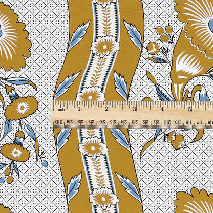 100% LINEN Fabric Vintage floral squirl stripe print - Modern botanical - Victorian Art Craft yellow yellow 3162