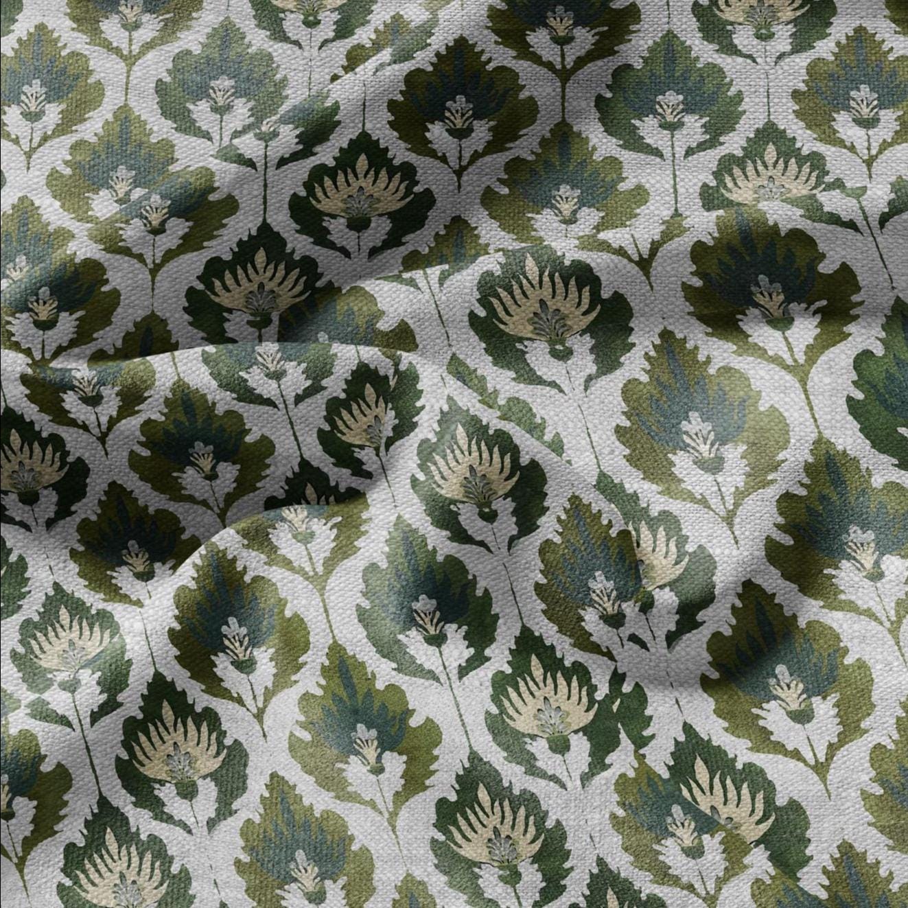 100% LINEN Fabric Floral Ikat green print -abstract floral on oatmeal linen 3128