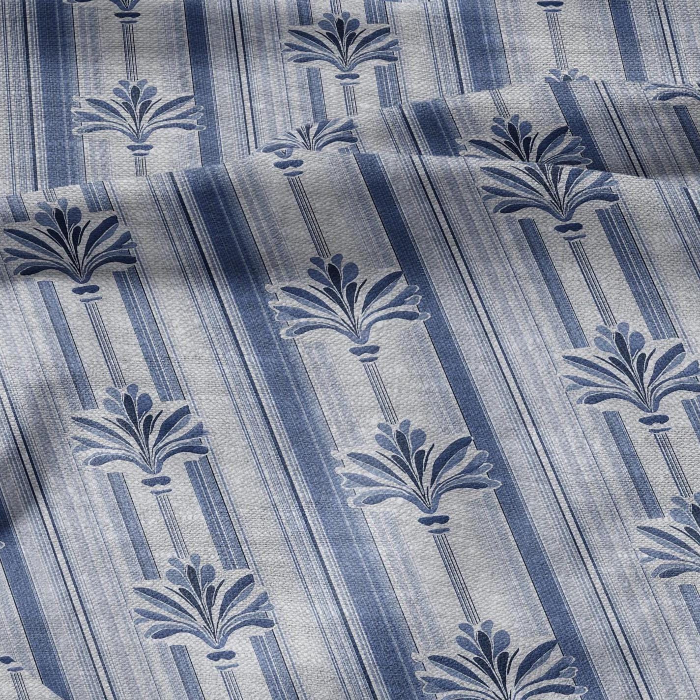100% LINEN Fabric stripe fleur de lis blue print - botanical floral on oatmeal linen - modern vintage 3129