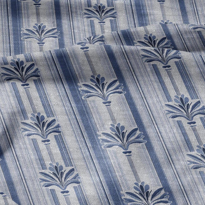 100% LINEN Fabric stripe fleur de lis blue print - botanical floral on oatmeal linen - modern vintage 3129