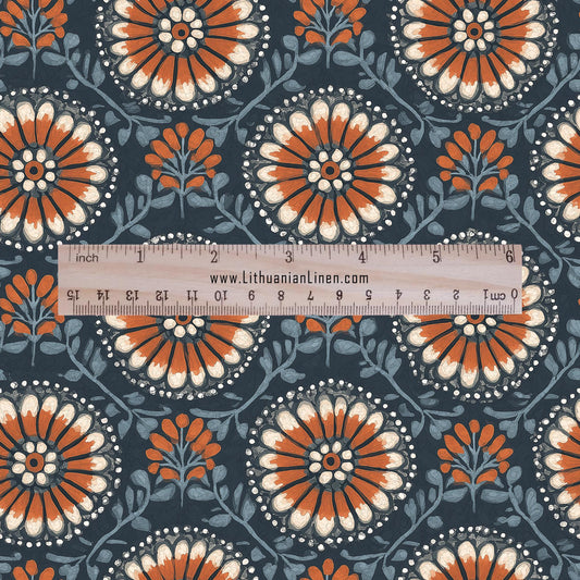 100% LINEN Fabric block print MaruiHana - japanese floral print heavy linen for upholstery home decor  or medium weight dress making 2799