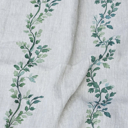 100% LINEN Fabric Striped floral print - block print green leaves on oatmeal linen for upholstery curtains dress making 2668