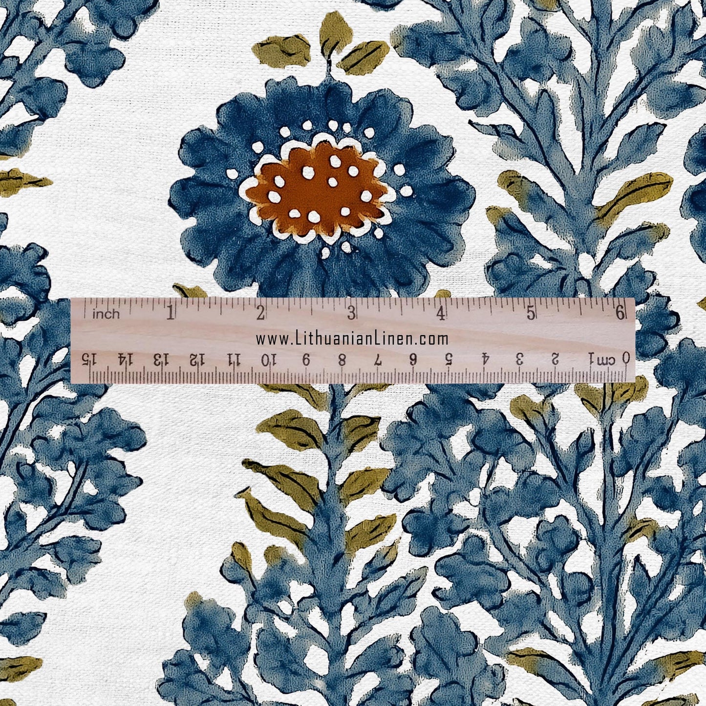 100% LINEN Fabric floral print - blue white stripe block print linen heavy for upholstery home decor - medium for dress making 2932