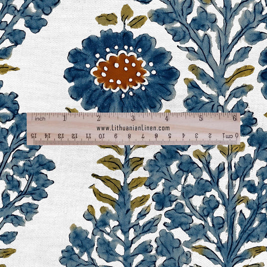 100% LINEN Fabric floral print - blue white stripe block print linen heavy for upholstery home decor - medium for dress making 2932