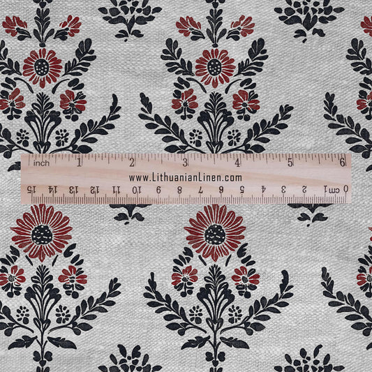 100% LINEN Fabric Modern vintage print - black red gray - upholstery home decor sewing clothing 2138