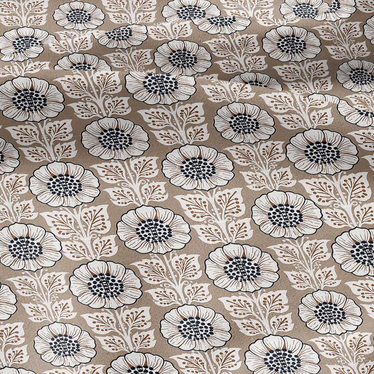 100% LINEN Fabric Beige flower block print - botanical textile artisan fabrics brown white 3808