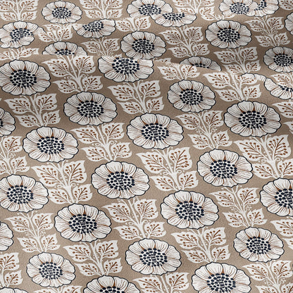 100% LINEN Fabric Beige flower block print - botanical textile artisan fabrics brown white 3808