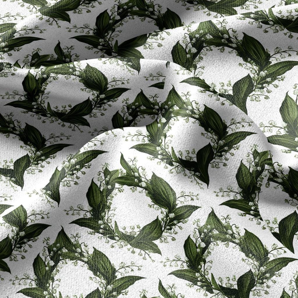 100% linen fabric floral botanical green print - Lily of the valley - Millefleurs: Vintage modern floral botanical pattern 3431